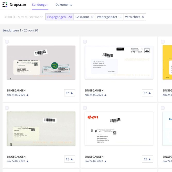 Screenshot: Dropscan-Webapplikation mit Sammelansicht der digitalisierten Briefe