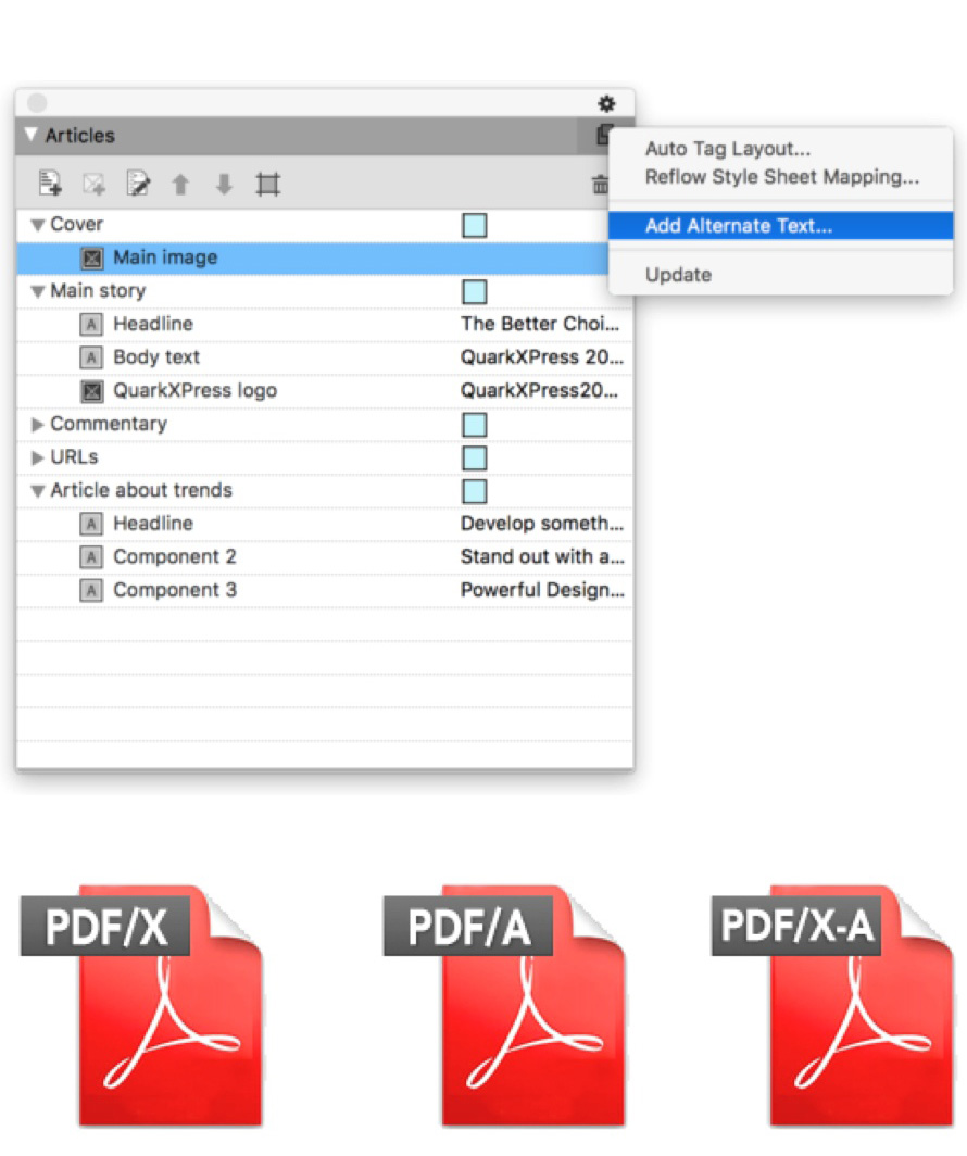 Users of QuarkXPress 2018 can also use the pdfToolbox technology to create a single PDF file which complies with both PDF/X-4 and PDF/A-2. (Source: Quark Europe Ltd)