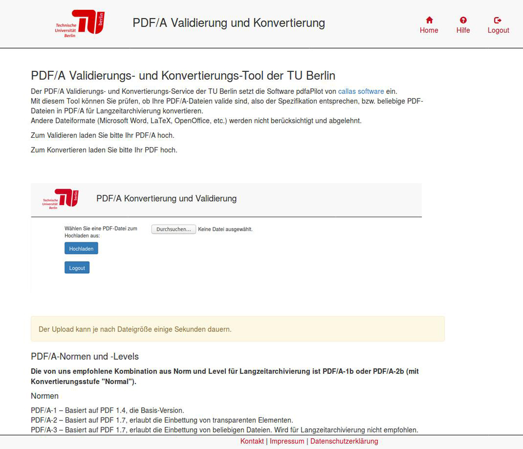 Integration von pdfaPilot in einer Weboberfläche der Technischen Universität Berlin (Quelle: TU Berlin)