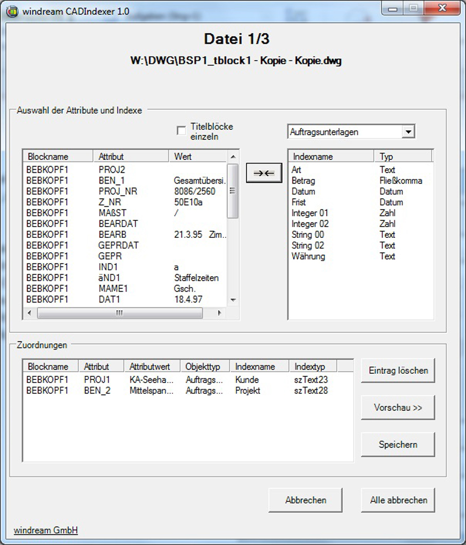 Screenshot: Dateiindexierung im CADIndexer