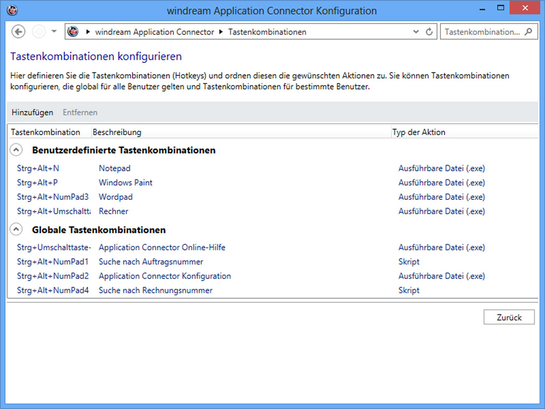 Screenshot: Konfiguration der Hotkeys im windream Application Connector